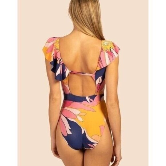Trina Turk  One Piece Swimsuit 14 Breeze Ruffle V-Neck Plunge Tropical NEW - Picture 2 of 9